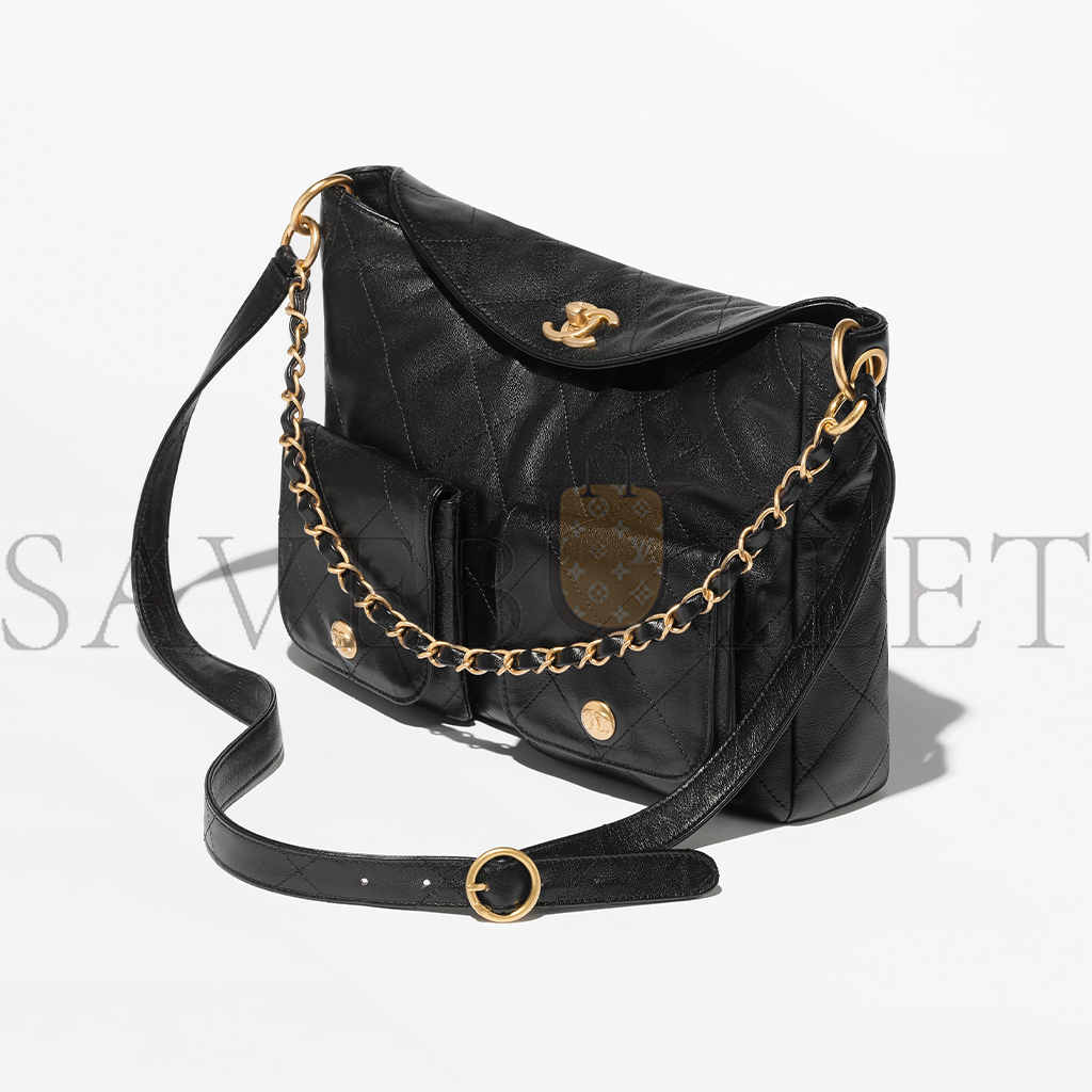 Ch*el large hippie bag shiny calfskin and gold toned metal black as4668 (30*21.5*5 cm)